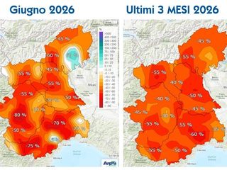 Anomalia % di precipitazione registrata nel mese di giugno 2026 (sinistra) e complessivamente nei mesi di aprile, maggio e giugno 2026 (destra) sul bacino del Po chiuso alla confluenza col Ticino (da www.arpa.piemonte.it)