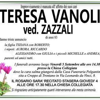 Teresa Vanoli ved. Zazzali di anni 83