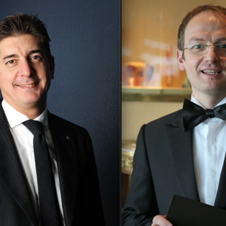 A sinistra Nicola Dell'Agnolo, Direttore di Sala de &quot;Il Luogo di Aimo e Nadia&quot;, due stelle Michelin di Milano; a destra Simone Pinoli, Restaurant Manager de “La Pergola” di Roma dello Chef tre stelle Michelin Heinz Beck
