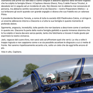 Le condoglianze del Piedimulera calcio al preparatore atletico della squadra Giacomo GHersi, fratello del capitano delle Frecce Tricolore