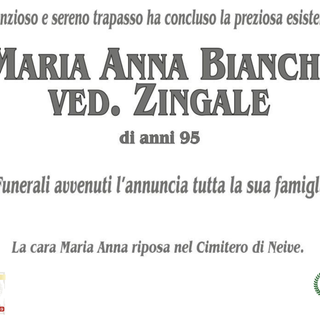 Maria Anna Bianchi ved. Zingale di anni 95