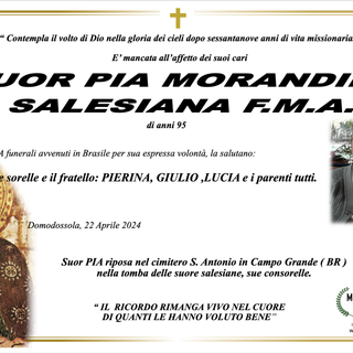 Suor Pia Morandini Salesiana F.M.A. di anni 95