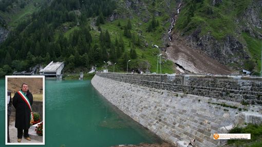 La diga all'alpe Cavalli e nel riquadro il sindaco di Antrona, Franco Borsotti