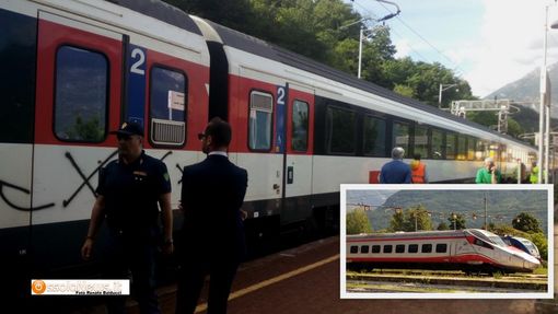 Foto: l'Intercity appena fatto entrare inb stazione a Preglia e nel riquadro il locomotore che venne parcheggiato allo scalo di Domo 1