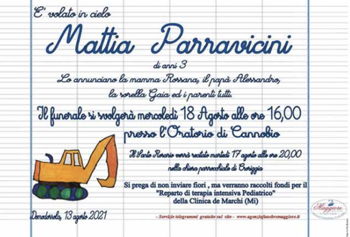 Oggi a Cannobio l'addio al piccolo Mattia Parravicini