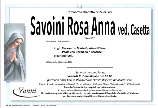 Savoini Rosa Anna ved. Casetta di anni 92
