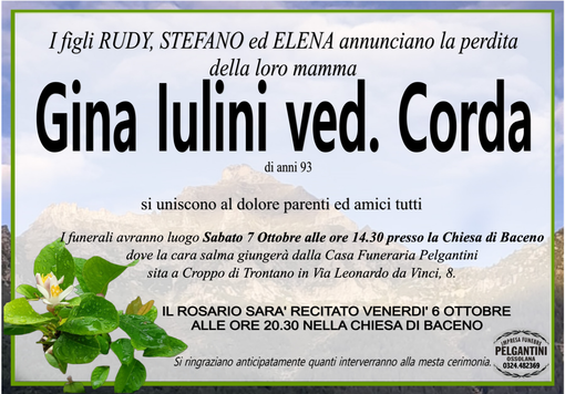 Gina Iulini ved. Corda di anni 93