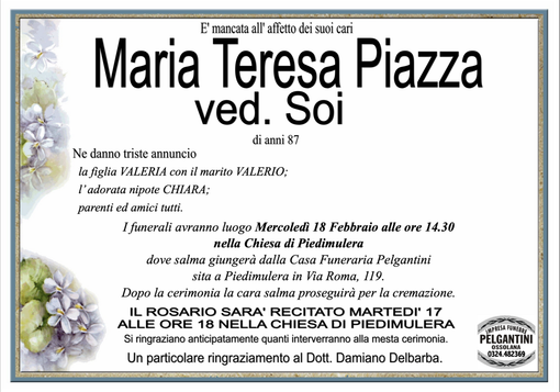 Maria Teresa Piazza ved. Soi di anni 87
