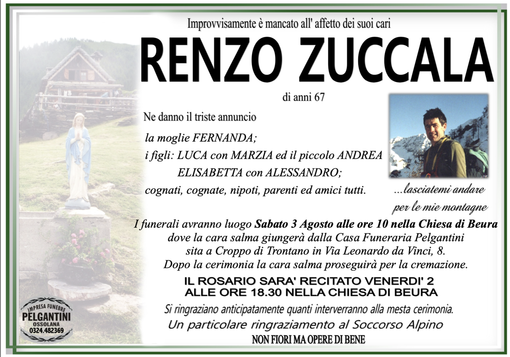 Renzo Zuccala di anni 67