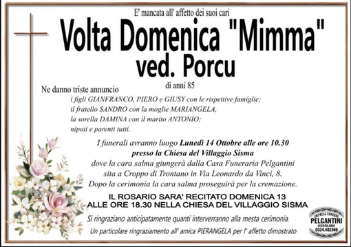 Volta Domenica &quot;Mimma&quot; ved. Porcu di anni 85