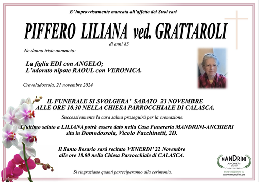 Piffero Liliana ved. Grattaroli di anni 83