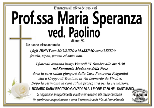 Prof.ssa Maria Speranza ved. Paolino di anni 92
