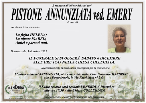 Pistone Annunziata ved. Emery di anni 69 Pistone Annunziata ved. Emery di anni 69