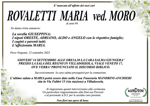 Rovaletti Maria ved. Moro di anni 94