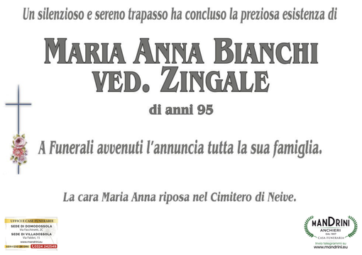 Maria Anna Bianchi ved. Zingale di anni 95 Maria Anna Bianchi ved. Zingale di anni 95