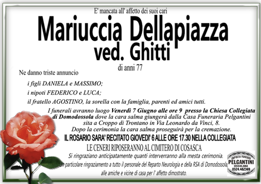 Mariuccia Dellapiazza ved. Ghitti 77 anni Mariuccia Dellapiazza ved. Ghitti 77 anni