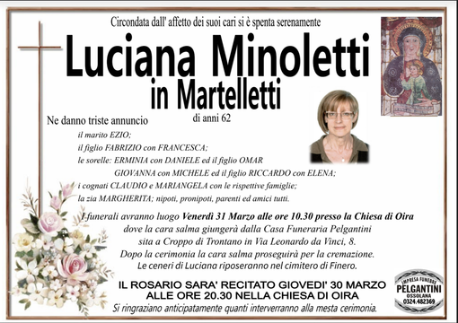 Minoletti Luciana in Martelletti di anni 62 Minoletti Luciana in Martelletti di anni 62