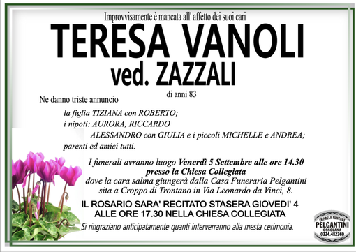 Teresa Vanoli ved. Zazzali di anni 83