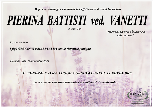 Pierina Battisti ved. Vanetti di anni 105