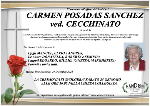 Carmen Posadas Sanchez ved. Cecchinato di anni 94