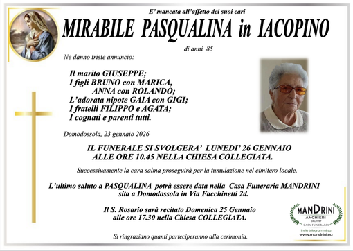 Mirabile Pasqualina in Iacopino di anni 85