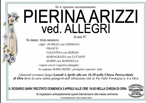 Pierina Arizzi ved. Allegri di anni 97