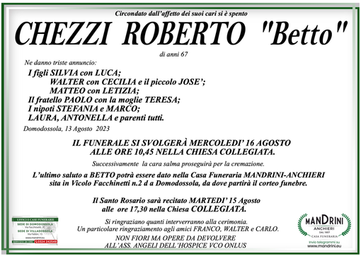 Chezzi Roberto &quot;Betto&quot; di anni 67