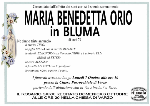 Maria Benedetta orio in Bluma di anni 79