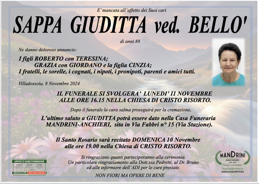 Sappa Giuditta ved. Bello' di anni 88