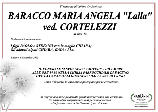 Baracco Maria Angela "Lalla" ved. Cortellezzi di anni 88 Baracco Maria Angela "Lalla" ved. Cortellezzi di anni 88