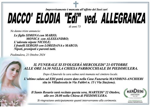 Daccò Elodia &quot;Edi&quot; ved. Allegranza di anni 73
