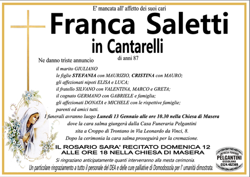 Franca Saletti in Cantarelli di anni 87 Franca Saletti in Cantarelli di anni 87