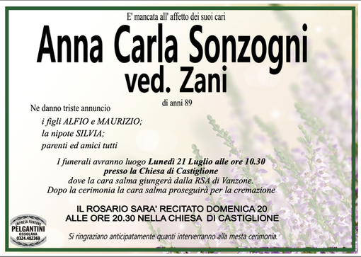 Anna Carla Sonzogni ved. Zani di anni 89