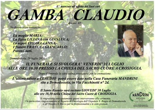Gamba Claudio di anni 87 Gamba Claudio di anni 87