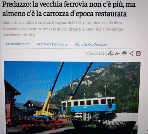 Finisce in Trentino una storica carrozza della Vigezzina Finisce in Trentino una storica carrozza della Vigezzina