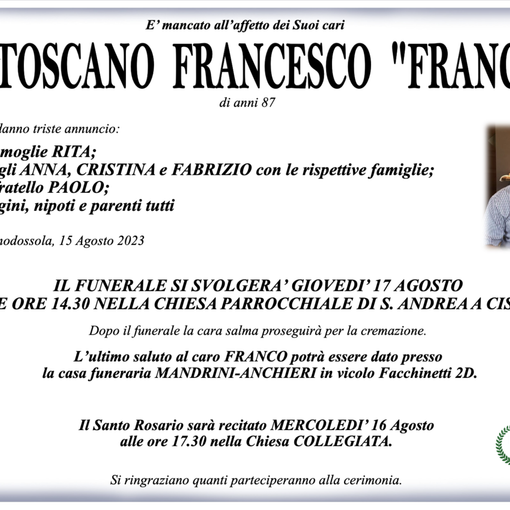 Tosca Francesco &quot;Franco&quot; di anni 87