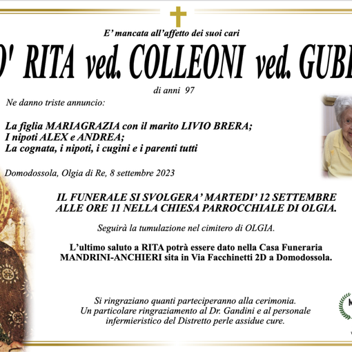 Pidò Rita ved. Colleoni ved. Gubetti di anni 97