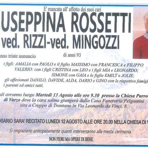 Giuseppina Rossetti ved. Rizzi ved. Mingozzi di anni 93