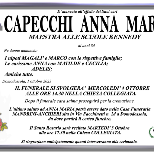 Capecchi Anna Maria di anni 84 (Maestra alle scuole Kennedy)