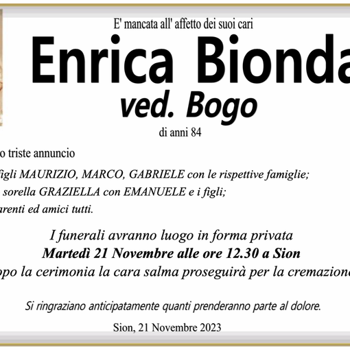 Enrica Bionda ved. Bogo di anni 84