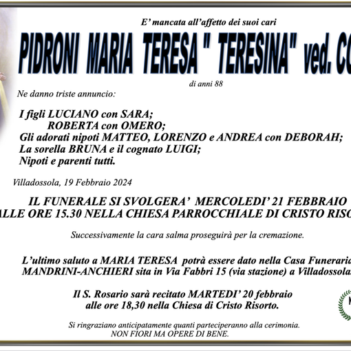 Pidroni Maria teresa &quot;Teresina&quot; ved. Colombo di anni 88