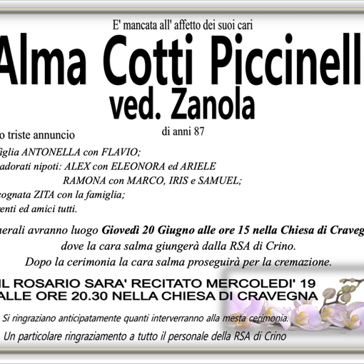 Alma Cotti Piccinelli ved. zanola di anni 87