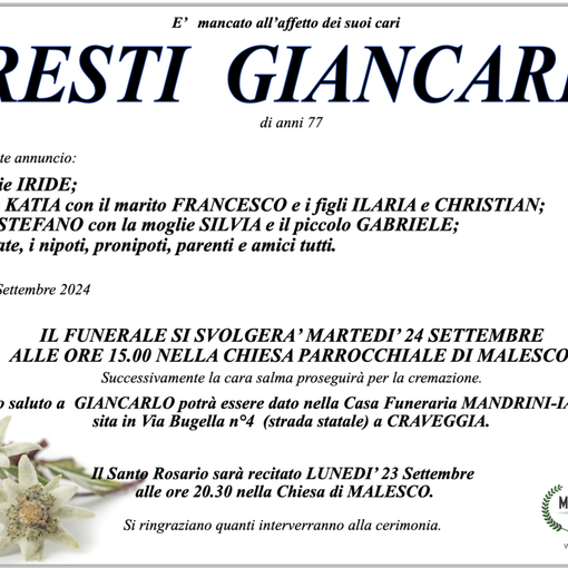 Dresti Giancarlo di anni 77