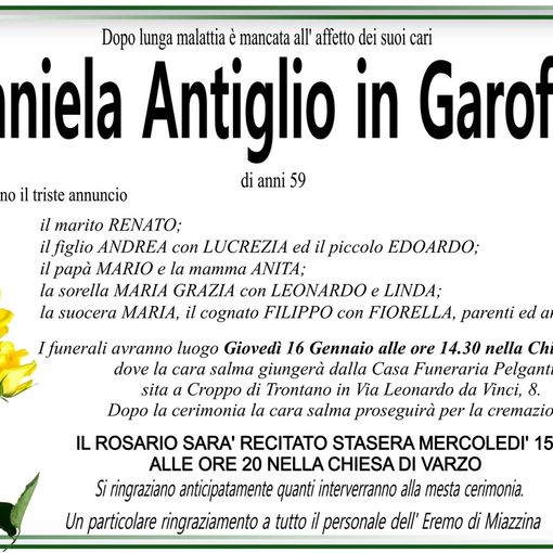 Daniela Antiglio in Garofalo di anni 59