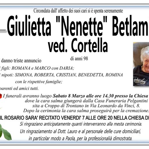 Giulietta &quot;Nenette&quot; Betlamini ved. Cortella di anni 98