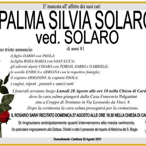 Palma Silvia Solaro ved. Solaro di anni 81