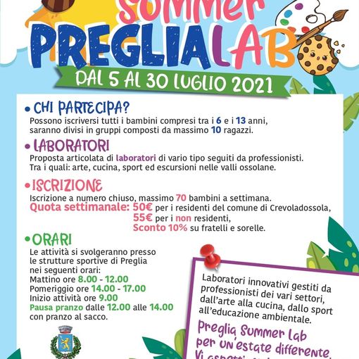 A Crevola tornano i Centri estivi comunali con il ‘Preglia Summer Lab’
