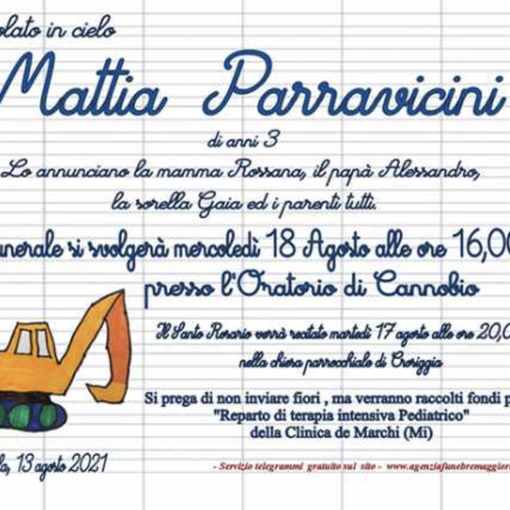Oggi a Cannobio l'addio al piccolo Mattia Parravicini
