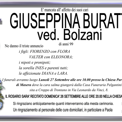 Giuseppina Buratti ved. Bolzani di anni 99