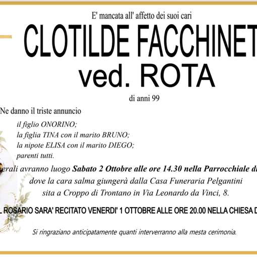 Clotilde Facchinetti ved. Rota di anni 99